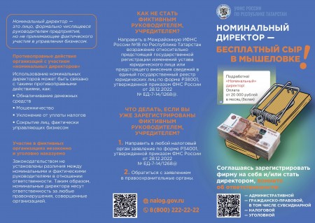 УФНС России по Республике Татарстан напоминает об опасности номинального руководства компаниями копия